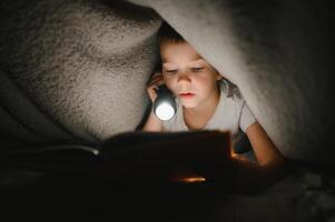 portrait de mignonne peu garçon en train de lire dans lit avec lampe de poche dans foncé chambre, profiter contes de fées photo