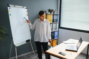 sur de soi femelle prof conduite un en ligne leçon ou entraînement. intelligent femme dans lunettes l'écriture Nouveau thème sur marqueur conseil, Explique certains information, éloigné éducation photo