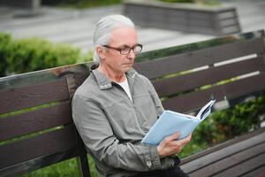 vieux homme avec gris cheveux lit une livre sur une banc dans le parc. du repos dans le parc. photo