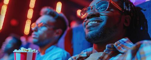 deux Hommes en train de regarder film dans cinéma, en mangeant Popcorn. photo