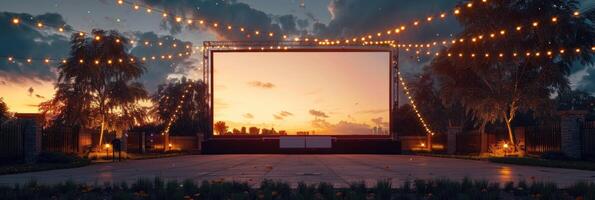 Vide blanc écran en plein air dans vert herbe parc. Extérieur cinéma, gros écran montrer. photo