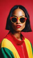 photo de magnifique africain femme avec style des lunettes de soleil permanent contre rouge et Jaune arrière-plan,