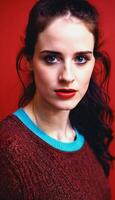 photo de magnifique européen femme permanent pose avec coloré rouge et bleu abstrait lumière ,