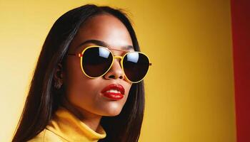 photo de magnifique africain femme avec style des lunettes de soleil permanent contre rouge et Jaune arrière-plan,