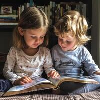 mignonne les enfants en train de lire une livre et souriant tandis que séance sur une canapé dans le chambre. photo