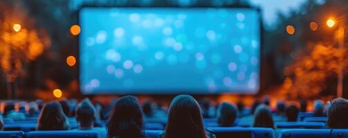 gens en train de regarder Extérieur cinéma, gros écran montrer. vue de derrière. photo