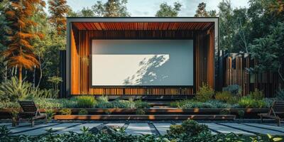Vide blanc écran en plein air dans vert herbe parc. Extérieur cinéma, gros écran montrer. photo