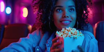 femme en train de regarder film dans cinéma, en mangeant Popcorn. photo