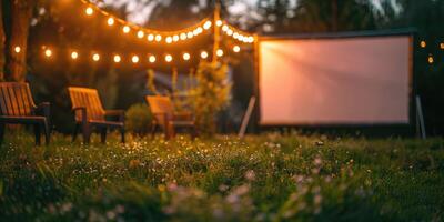 flou Vide blanc écran en plein air dans herbe parc. Extérieur cinéma, gros écran montrer, concentrer sur premier plan. photo