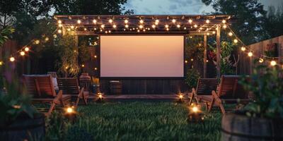 Vide blanc écran en plein air dans vert herbe parc. Extérieur cinéma, gros écran montrer. photo