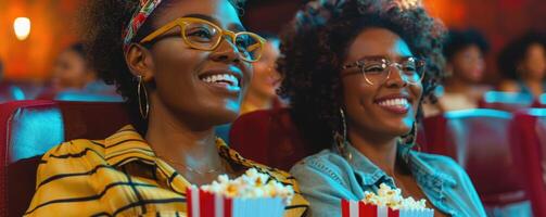 deux femmes en train de regarder film dans cinéma, en mangeant Popcorn. photo