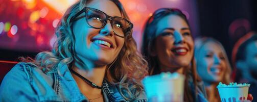 deux femmes en train de regarder film dans cinéma, en mangeant Popcorn. photo