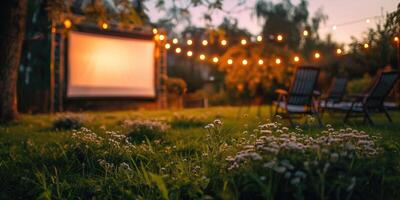 flou Vide blanc écran en plein air dans herbe parc. Extérieur cinéma, gros écran montrer, concentrer sur premier plan. photo
