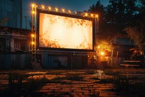 Vide blanc écran en plein air dans vert herbe parc. Extérieur cinéma, gros écran montrer. photo