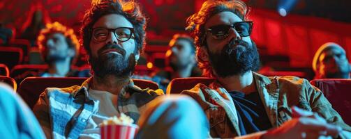 deux Hommes en train de regarder film dans cinéma, en mangeant Popcorn. photo