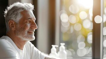 serein spa indulgence, une glamour plus âgée homme se délecte dans une tranquille spa paramètre, incorporant corps et faciale se soucier, entouré par améliorant la santé lotions et bien-être articles pour ultime relaxation photo