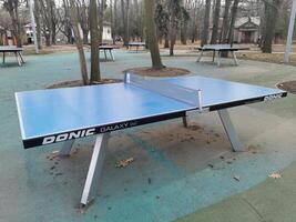 tennis table sur le parc zone autour pelouse bleu blanc métallique. Soleil Jeu joueurs, personne, école Cour photo