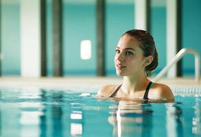 Jeune femme jouit une relaxant nager dans une serein intérieur bassin photo