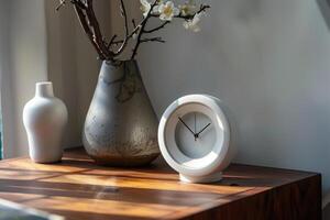 moderne alarme l'horloge et plante d'appartement sur chevet tableau. photo