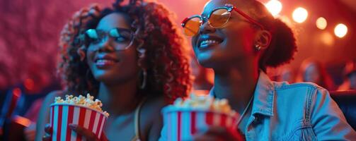 deux femmes en train de regarder film dans cinéma, en mangeant Popcorn. photo