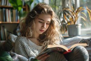 adolescent fille en train de lire une livre à maison. photo