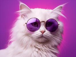 portrait de une blanc duveteux chat portant rond des lunettes de soleil. luxueux national minou dans des lunettes pose sur rose Contexte mur photo