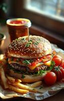 gros savoureux Burger et français frites avec ketchup et Mayonnaise sur en bois table photo