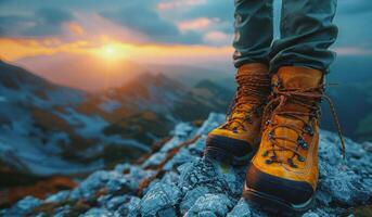 Hommes dans randonnée bottes supporter sur Roche dans le montagnes dans le Contexte de le le coucher du soleil photo