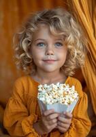 peu fille détient seau de pop corn dans sa mains et sourit. photo