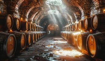 tonneaux de vin empilés dans l'ancienne cave de la cave photo