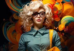 blond fille avec frisé cheveux et des lunettes sur coloré Contexte. photo