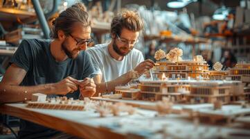 deux Jeune Masculin designers ou élèves travail sur architectural modèle dans le atelier photo