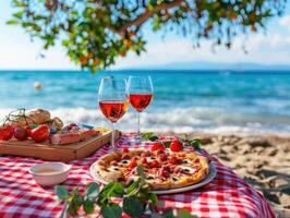 bord de mer pique-nique avec rouge du vin dans lunettes, pepperoni pizza, et Frais les raisins sur à carreaux couverture. romantique Extérieur à manger concept avec une mer vue et Naturel paramètre. ai génération photo