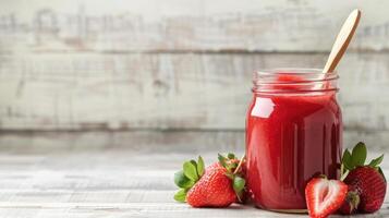 fraise purée dans verre pot avec en bois cuillère et entier des fraises sur blanc rustique en bois Contexte avec vide espace. en bonne santé nourriture et cuisine concept. ai génération. photo