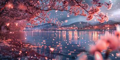 Sakura fleurs avec chute pétales plus de Lac à crépuscule. le lumières de ville sont réfléchi dans l'eau. printemps pittoresque paysage avec rose pétales dans air et sur surface de l'eau. ai génération. photo