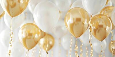 de fête d'or et blanc des ballons avec d'or rubans sur blanc Contexte. fête, faire la fête, et décoration concept pour conception, impression ou Publier carte. ai génération. photo