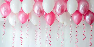 rose et blanc des ballons avec frisé rubans sur blanc arrière-plan, de fête fête ou fête concept, conception pour salutation carte ou invitation. ai génération photo