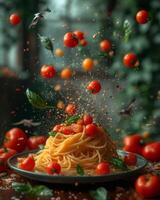 spaghetti avec tomates et basilic en volant dans le air photo