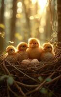 quatre peu poulets séance dans nid dans le milieu de le forêt photo