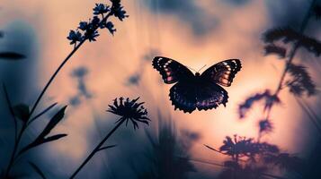 papillon dans vol, une délicat de papillon silhouette avec flottant ailes photo