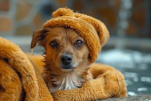 une marron chien mensonges sur Haut de une une baignoire baignoire couvert avec une Jaune serviette photo