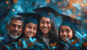 une groupe de les filles avec le sien père dans académique casquettes et robes célébrer leur l'obtention du diplôme photo