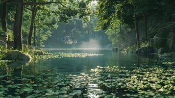 une Lac situé Profond dans une forêt. photo