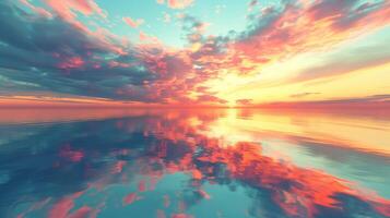 spectaculaire abstrait image de une scénique calme océan, lever du soleil ciel reflétant dans le l'eau. le coucher du soleil et naturel. numérique art 3d illustration. photo