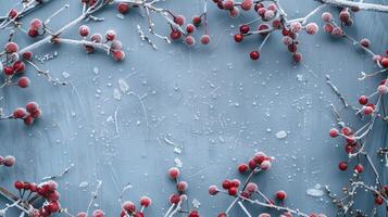 couvert de neige planche Cadre encadré par branches avec rouge baies couvert dans gel. copie espace. photo