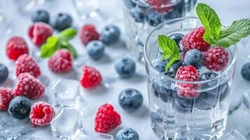 deux des lunettes rempli avec myrtilles et framboises suivant à menthe feuilles et la glace cubes sur une marbre surface. photo