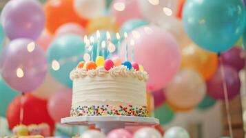 anniversaire fête des ballons, coloré des ballons Contexte et anniversaire gâteau avec bougies. photo