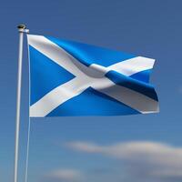 Écosse drapeau est agitant dans de face de une bleu ciel avec flou des nuages dans le Contexte photo