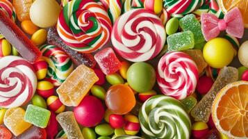 pile de variété de délicieux des sucreries, vert des sucreries, sucettes et bonbons. photo