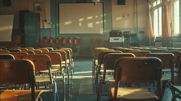 une salle de cours avec vide chaises et une projecteur. le chaises sont arrangé dans Lignes et le projecteur est sur le mur. le pièce est vide et calme, donnant de une sens de vide et solitude photo